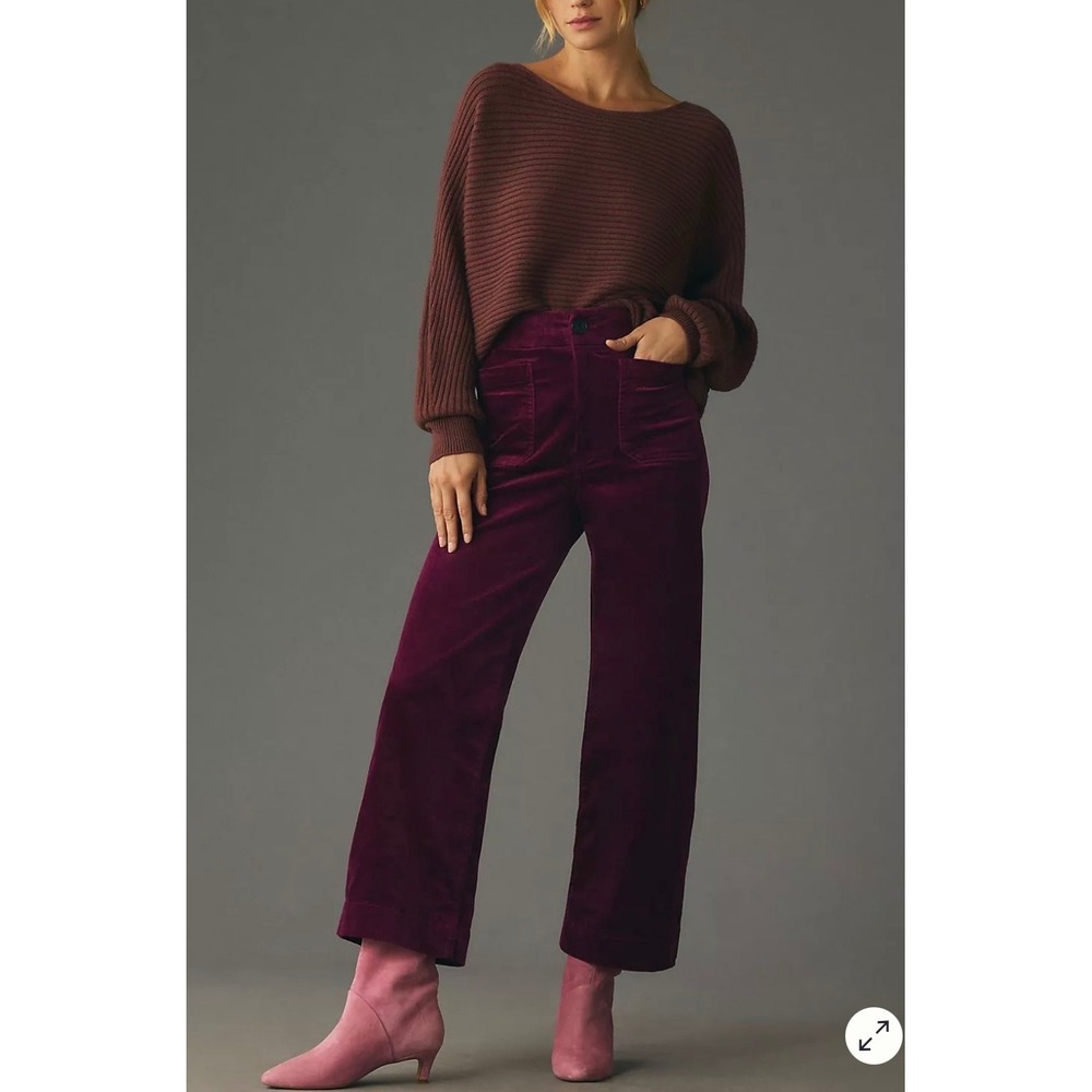 Maeve Anthropologi Colette Crop Corduroy Wide Leg Pant Trouser Magenta Purple 30